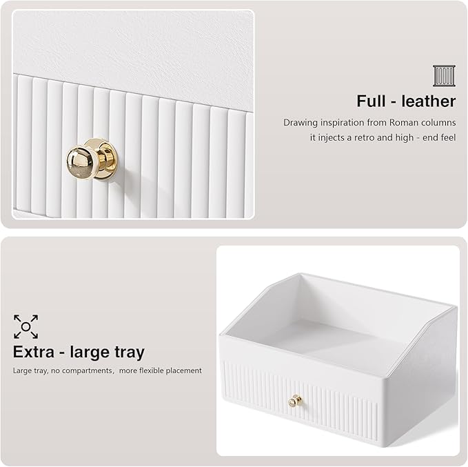 Makeup Organizer,Leather Skin Organizer with 1 Drawer&Tray,Luxury Beige White Makeup Storage for Perfume,Bedroom,Bathroom,Gifts for Women,Womens Gifts (White, 1-Drawer)