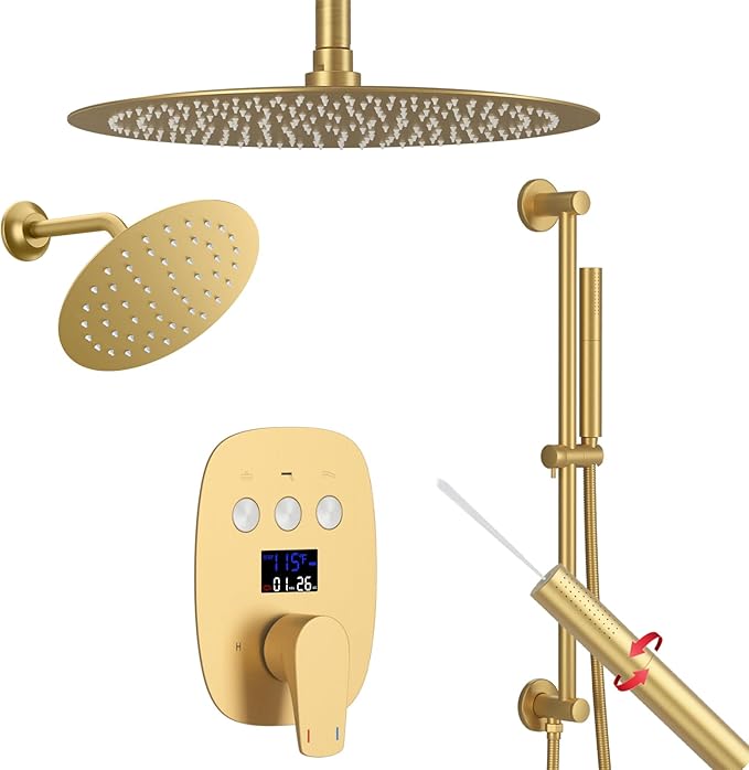12Inch Brushed Gold Ceiling Shower System & 8Inch Wall-Mount Shower Faucet Set, 2 in 1 Handheld with Adjustable Slide Bar Included Temperature Display Valve and Trim Kit Can Work At Once