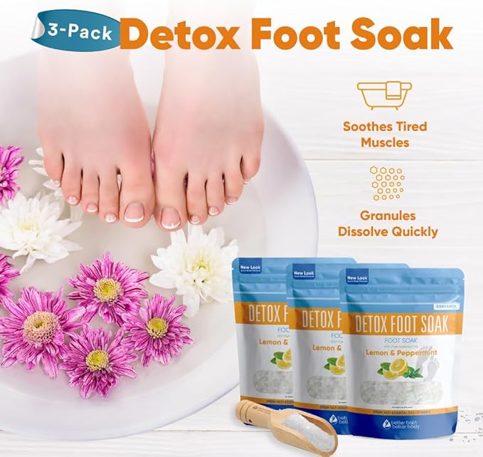 Detox Foot Soak (3 Pack Plus Scoop) Epsom Salt Soothing Soaks and Athlete's Foot Detox with Essential Oils in BPA Free Pouch with Press Lock Seal (Bundle with Three 2 Lbs Pouches 6 Lbs Total)