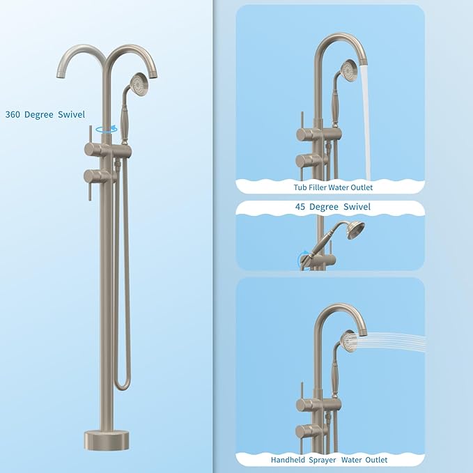 Freestanding Bathtub Faucet,Tub Filler Floor Mount Stand Bathtub Faucet Brass Bathroom Tub Faucets with 2 Function Telephone-Shape Handheld Shower Wand Swivel Brushed Nickel