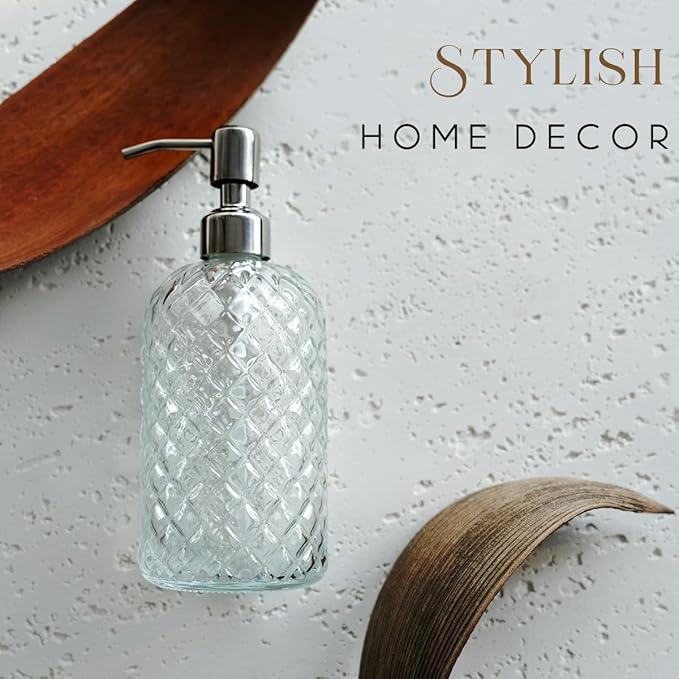 JASAI 18Oz Gem Patterned Clear Glass Soap Dispenser with Rust Proof Pump, Refillable Hand soap Dispenser for Kitchen, Premium Bathroom Soap Dispenser for Dish Soap, Hand soap, Lotion(Clear).