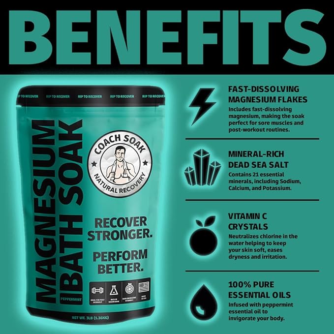 Coach Soak Recovery Bath Soak - Alternative to Epsom Salt Bath Soak - Fast-Absorbing Pure Magnesium Flakes with 21 Minerals, Bath Salts & Essential Oils - 9 lb (3 Pack) - Cooling Peppermint