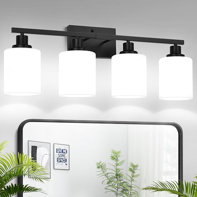 4-Light Bathroom Light Fixtures, Vanity Light with Milky White Shades, Matte Black Bathroom Light Fixtures Over Mirror, Modern Bathroom Wall Lamp for Mirror Living Room Cabinet Bedroom
