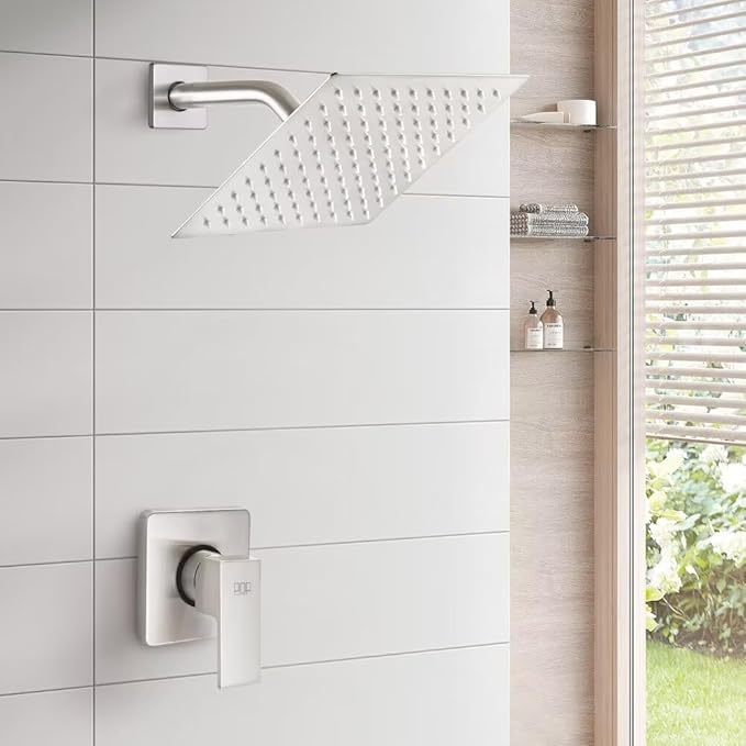 POP SANITARYWARE Shower Only Faucet Set Brushed Nickel, Bathroom Rain Mixer Shower Head Set Wall Mounted Rainfall Shower System Single Handle Shower Trim Kit with Rough-in Valve