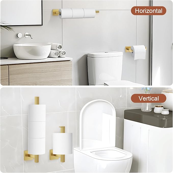 TQKAG 7-Pieces Brushed Gold Bathroom Hardware Accessories Set 23.6" SUS304 Stainless Steel Towel Bar Set Toilet Paper Spare Rolls Storage Holder Wall Mounted