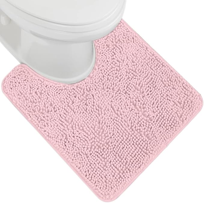 GORILLA GRIP Plush Absorbent Shaggy Chenille Bath Rug Mat for Oval Toilet Base with Rubber Backing, Machine Washable Rugs, Soft Microfiber Contour Mats for Toilets, Bathroom Decor, Lt Pink
