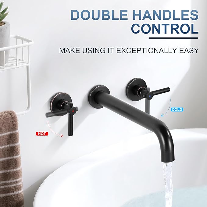 ALEASHA Wall Mount Tub Filler Tub Faucet High Flow Bathtub Faucets Two Handles Solid Brass, 12" Long Spout Reach, Oil Rubbed Bronze
