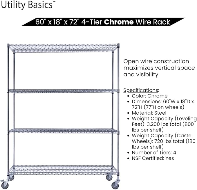 NSF Commercial 4-Tier Wire Shelving with Wheels, 60"x18"x72" Heavy Duty Metal Shelves 3200 lbs Max Capacity, Chrome Storage Rack for Garage Kitchen Pantry Warehouse