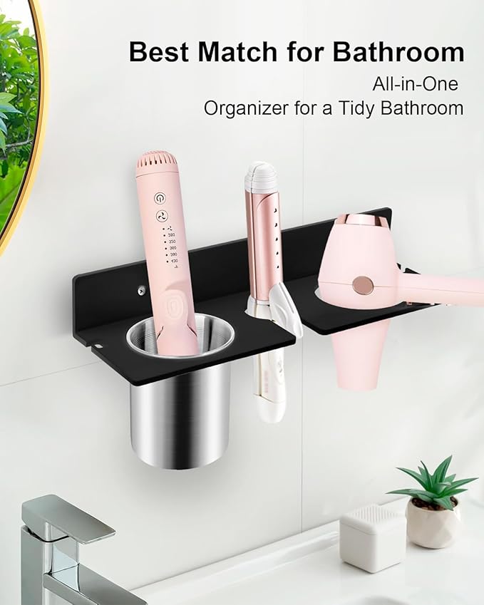 Hair Tool Organizer, Hair Dryer Holder with Heatproof Steel Cups, Acrylic Vanity Organizer for Curling Iron, Flat Iron & Hair Brushes, Perfect for Bathroom (Black, Compact)