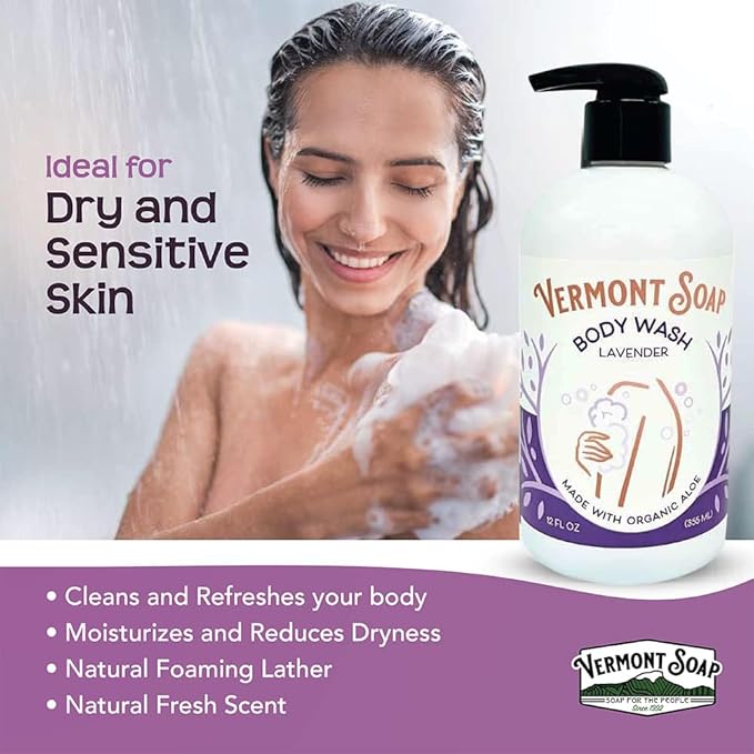 VERMONT SOAP Body Wash, Natural Body Wash with Shea Butter, Mild Gel Body Wash for Moisturizing and Soothing Skin, Fragrance Free Body Wash for Women & Men (Lavender, 12oz)