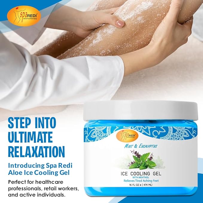 SPA REDI - Massage Cooling Gel for Pedicure, Mint and Eucalyptus Oil with Menthol 16 Oz, Peppermint Extract - Professional Strength Pedicure Foot and Leg Ice Cooling Gel Massage Therapy,