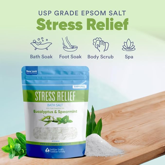 Stress Relief Bath Salt 32 Ounces (2 Lbs) USP Grade Epsom Salt with Natural Spearmint and Eucalyptus Essential Oils Plus Vitamin C in BPA Free Pouch with Easy Press Lock Seal Made in USA