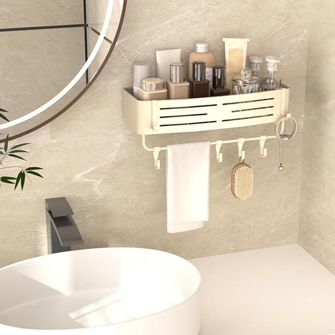 Onemake Aluminum Shower Caddy Suction Cup, No Drilling Bathroom Shower Shelf, Corner Shower Caddy with 6 Portable Hooks, Removable Bath Organizer with Towel Bar for Bathroom Storage(Cream White)