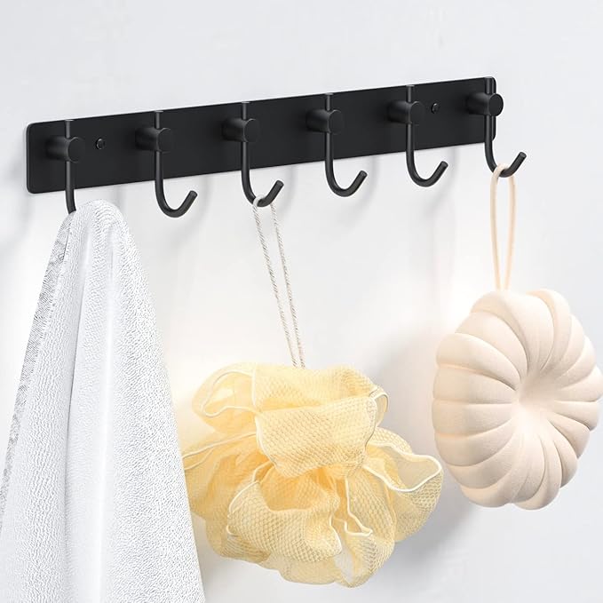 VAEHOLD Wall Hooks for Hanging, Black Coat Rack Wall Mount with 6 Coat Hooks, Towel Hanger, Hat Hooks, Robes Hook in Bathroom, Bedroom, Kitchen, Living Room (2 Pack)