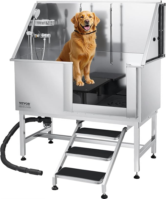 VEVOR Stainless Steel Dog Washing Station, 50 inch Pet Grooming Tub w/Stairs, PE Water Filter Board, Faucet & Showerhead & Soap Holder Dog Bathtub for Large & Medium & Small Pets (Right Door)