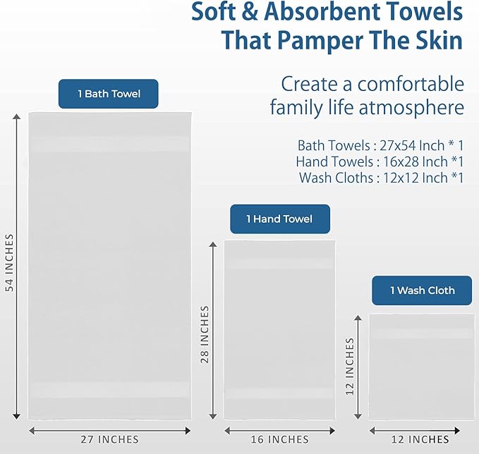 DAN RIVER 100% Ring Spun Cotton 3-Piece Towel Set, White, Bath Towel, Hand Towel and Washcloths, 550 GSM - Soft, Absorbent Quick Dry Cotton Towels for Bathroom, Spa, and Gym