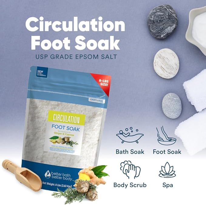 Circulation Foot Soak 128oz (8 Lbs) Epsom Salt Home Spa Soothing Soaks with Natural Ginger and Cypress Essential Oils Plus Vitamin C in BPA Free Pouch with Easy Press Lock Seal Made in USA