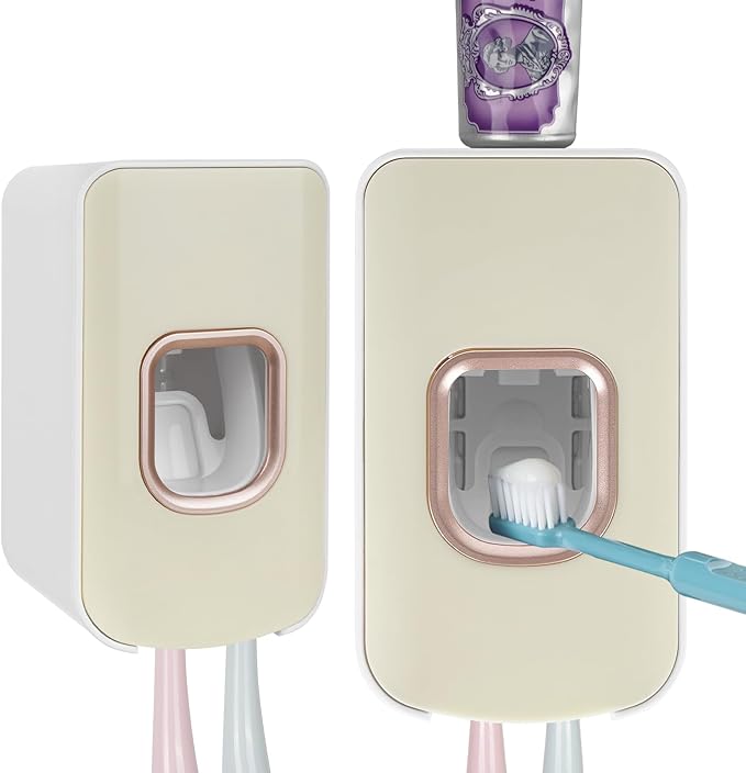 2 Slot Toothbrush Holder and Toothpaste Dispenser Wall Mounted, Automatic Toothpaste Squeezer, 2 in 1 Tooth Brush Toothpaste Organizer for Shower (Ivory Yellow 2Pack)