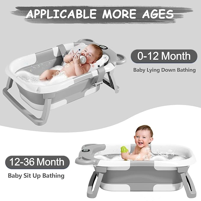 TPN Collapsible Baby Bathtub, Baby Bath Tub with Soft Cushion & Real-Time Thermometer, Baby Bathtub Infant to Toddler Tub (0-36 Months), Portable Newborn Travel Bath tub