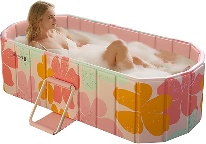 Portable Foldable Bathtub, Freestanding Bathtub No Installation, Bathroom SPA Soaking Bath Tub, Shower Stall Collapsible Hot & Ice Bath for Indoor Outdoor (Pink, 59"L x 21.6"W x 19.6"H)
