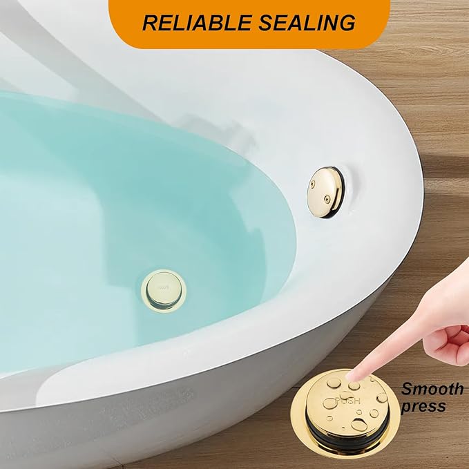 (1 Pack) Yariwiz 1-1/2" Golden Bathtub Tub Drain Kit Bath Waste Overflow Drain Tube Assembly with Touch-Toe Tub Drain Stopper and Overflow Faceplate Gold