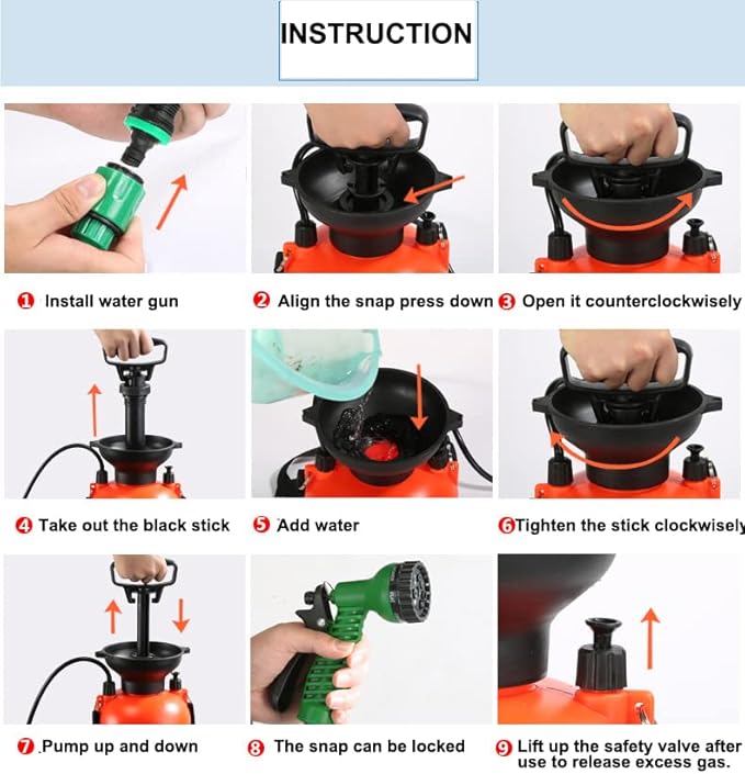 SearQ Portable Camping Shower with 7 Spray Modes, Hand Press Shower with Removable Hose and Head, Pressure Rinse Kit for Hiking, Traveling, Garden, Beach, Pet