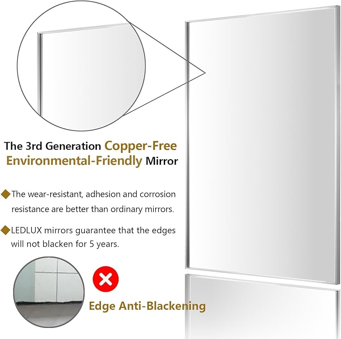 30x36 Inch Silver Bathroom Mirror - Copper-Free Mirror, Aluminum Alloy Frame Vanity Rectangle Wall Mounted Modern Mirror for Bedroom/Living Room/Porch Horizontal or Vertical