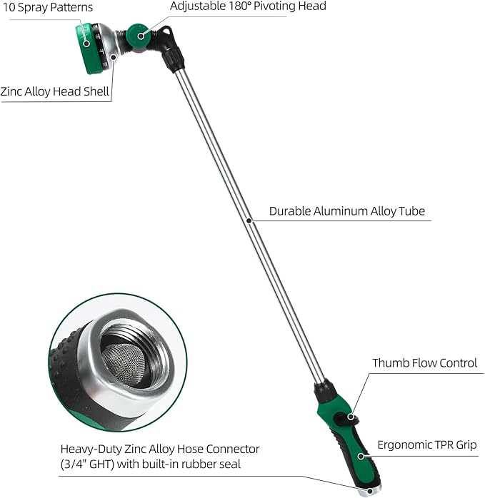 Watering Wand for Garden Hose, 30 Inch, 10 Spray Patterns, Thumb Control Garden Hose Nozzle, Adjustable Water Sprayer with Pivoting Head, Ideal for Hanging Baskets, Plants, and Shrubs, Green