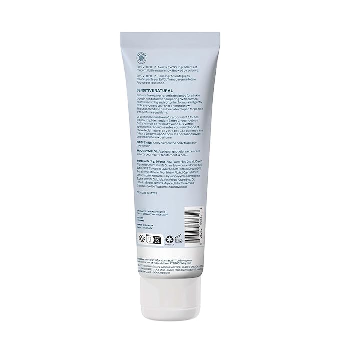 ATTITUDE Body Lotion for Sensitive Skin with Oat, EWG Verified, Dermatologically Tested, Vegan, Unscented, 8 Fl Oz