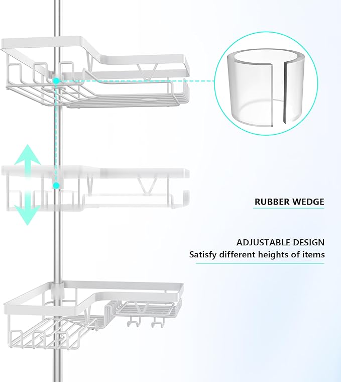 Shower Caddy Tension Pole Corner - Stainless Steel Bathroom Organizer White Tension Rod Shower Shelves for Tub(22-114.2inch), Renter Friendly