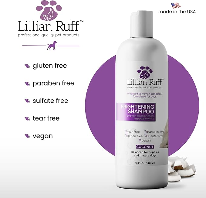 Lillian Ruff PRO Formula Ultra Brightening Dog Shampoo - Professional Whitening & Long-Lasting Odor Eliminator, Remove Stains & Discoloration, Dry Skin & Itch Relief - Aloe & Provitamin B5 16oz+Brush