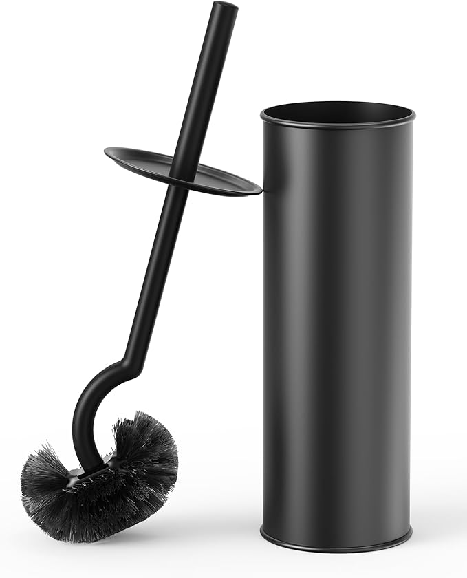 Cesun Toilet Brush and Holder Set - Curved Design Toilet Brush for Deep Cleaning Under Rim, 304 Stainless Steel Toilet Bowl Brush and Holder for Bathroom, Rv, Black(2 Replaceable Brush Head Included)