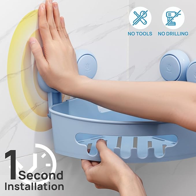 LEVERLOC Corner Shower Caddy Suction Cup, shower shelves suction cup, 2 Pack Basket Powerful Bathroom, Waterproof & Oil-proof Organizer for Kitchen, No-Drilling Removable (Blue)