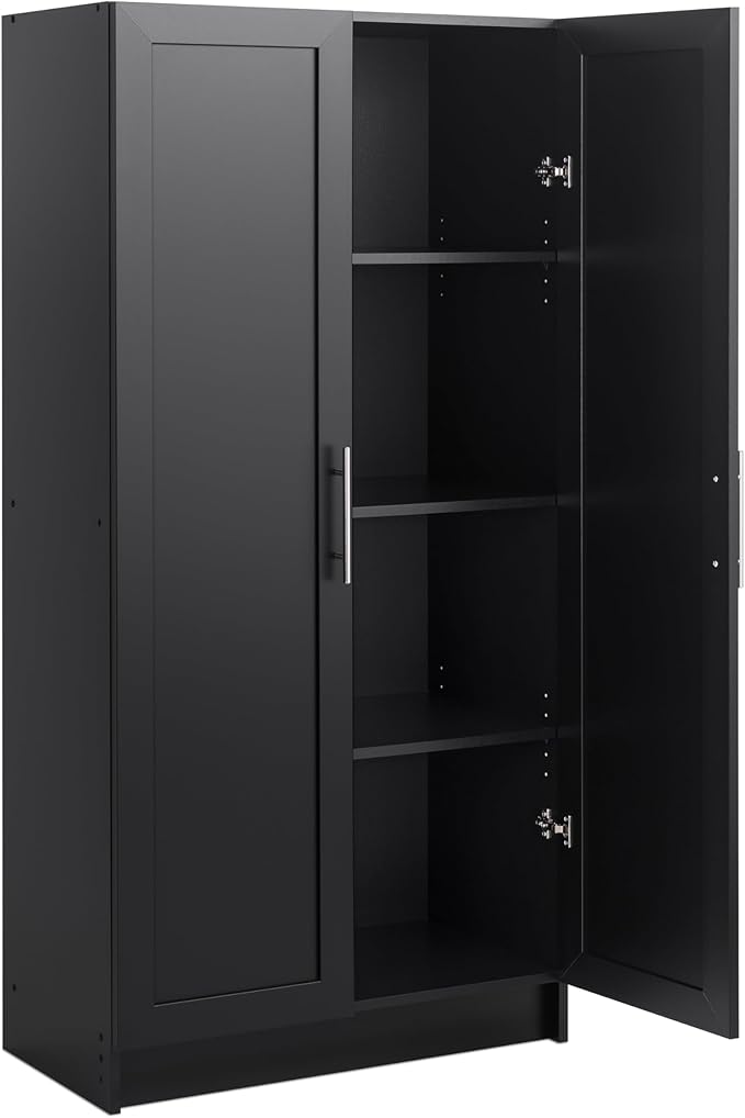 Prepac Elite Accent Cabinet with Panel Doors, Black Storage Cabinet, Bathroom Storage, Pantry with 3 Shelves 16.75" D x 32" W x 65" H