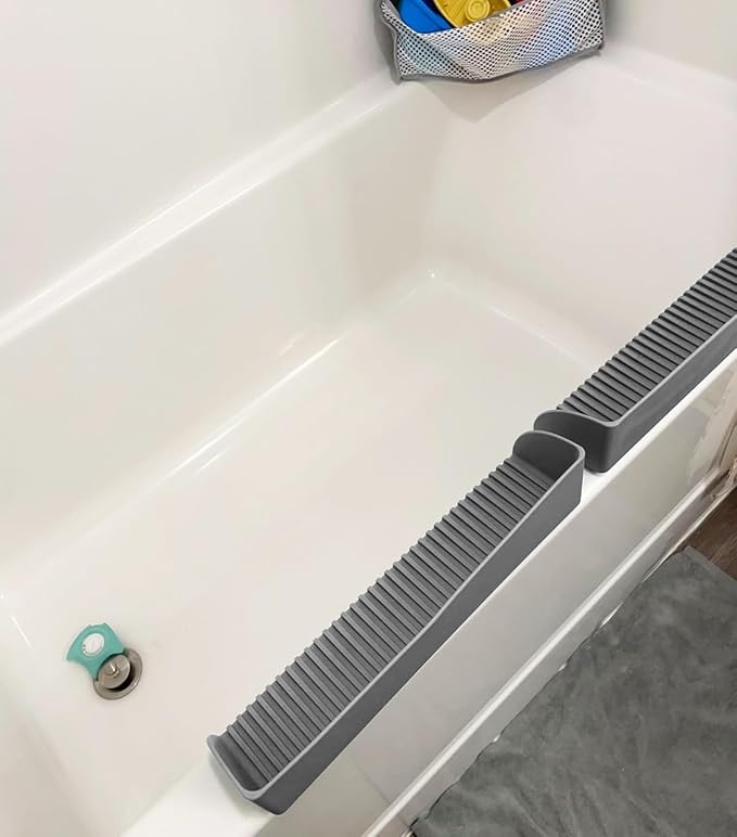 2 Pack Splash Guard for Bathtub & Sink - Silicone Kids Bath Splash Guard Shelf, Bath Toy Tray Holder, Tub Water Splash Guard with 4 Suction Cups, Bathroom Accessories for Children, Toddler Bath, Grey