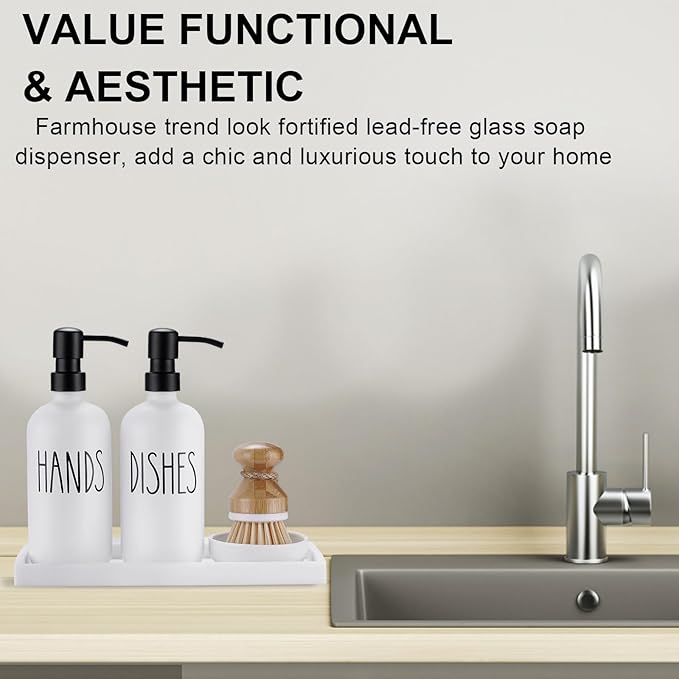 Glass Soap Dispenser for Kitchen, Farmhouse Dish Hand Soap Dispenser Set, Rustproof Pump Dispenser Set with Tray and Dish Brush, Kitchen Decor（White）