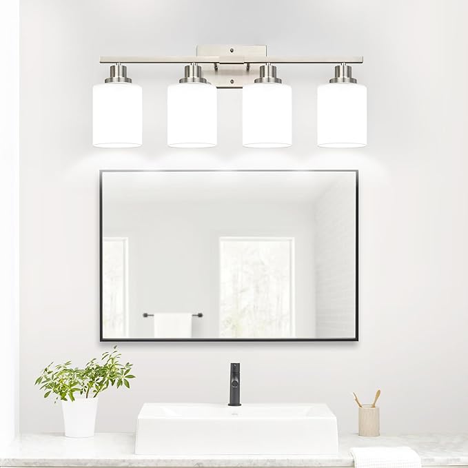 4-Light Vanity Light with Milky White Shades, Brushed Nickel Bathroom Lighting Fixtures Over Mirror, Modern Bathroom Wall Lamp for Mirror Living Room Cabinet Bedroom