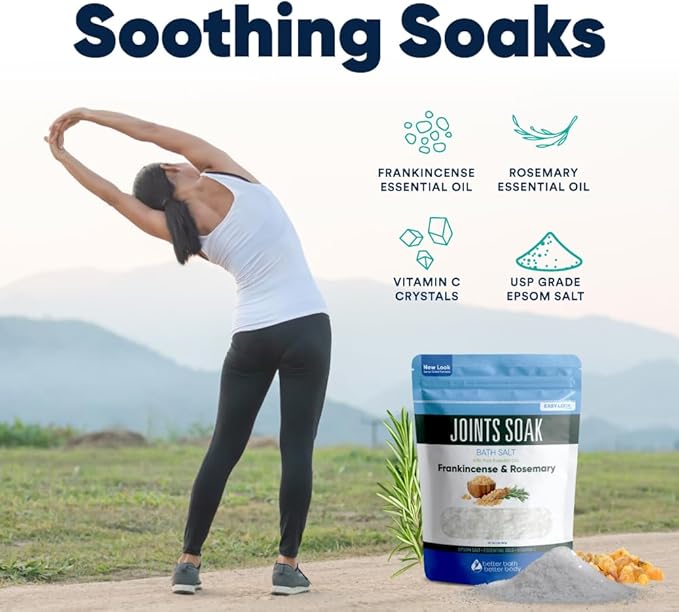 Joints Soak Bath Salt 32 Ounces Epsom Salt with Natural Rosemary, Frankincense and Peppermint Essential Oils Plus Vitamin C in BPA Free Pouch with Easy Press-Lock Seal