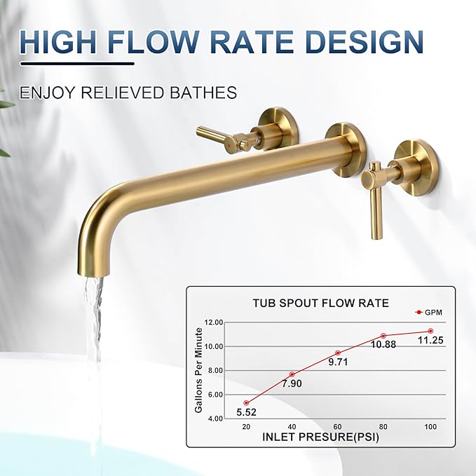 ALEASHA Wall Mount Tub Filler Tub Faucet High Flow Bathtub Faucets Two Handles Solid Brass, 12" Long Spout Reach, Brushed Gold