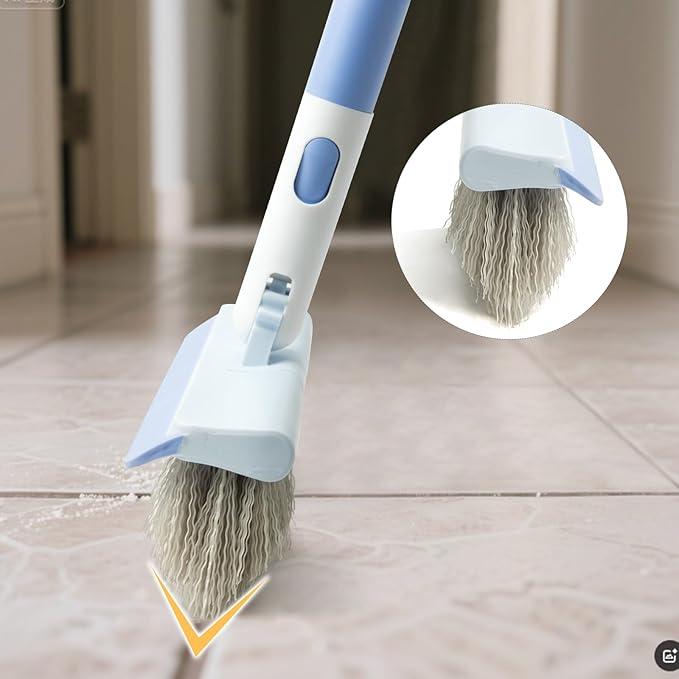 Floor Scrub Brush and V-Shape Grout Brush with Long Handle 3 in 1 Replaceable Head Scrape Brush Stiff Bristle with Swivel Head for Cleaning Tiles Hardwood Floors Patios Blue