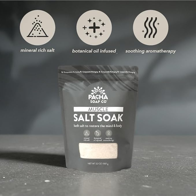 Pacha Soap Co. Muscle Salt Bath Soak - Epsom Salt with Arnica, Calendula, and Peppermint, Handcrafted Bath Salts Made in The USA for Muscle Relief, Recovery & Relaxation, 2-Pack (64 oz. Total)