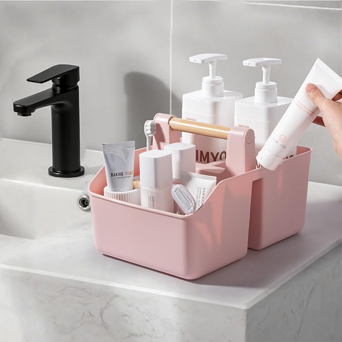 rejomiik Portable Shower Caddy Basket with Bamboo Handle, Plastic Cleaning Caddy Bathroom Organizer Tote for College Dorm Essentials, Bath Toy Storage, Pink