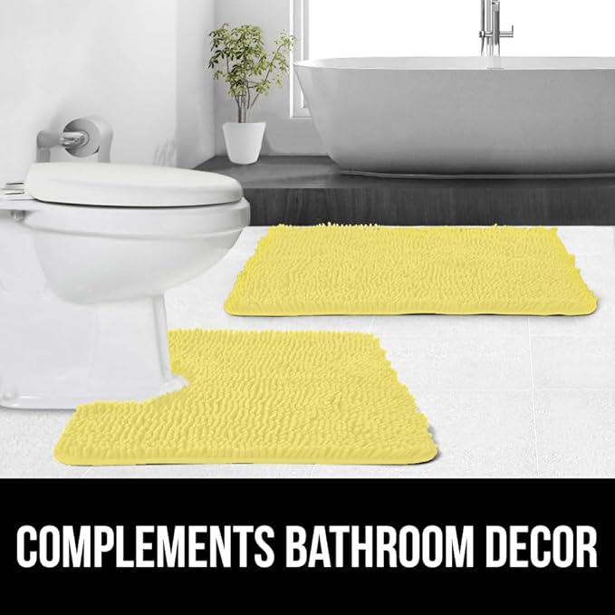 GORILLA GRIP Plush Absorbent Shaggy Chenille Bath Rug Mat for Oval Toilet Base with Rubber Backing, Machine Washable Rugs, Soft Microfiber Contour Mats for Toilets, Bathroom Decor, Yellow