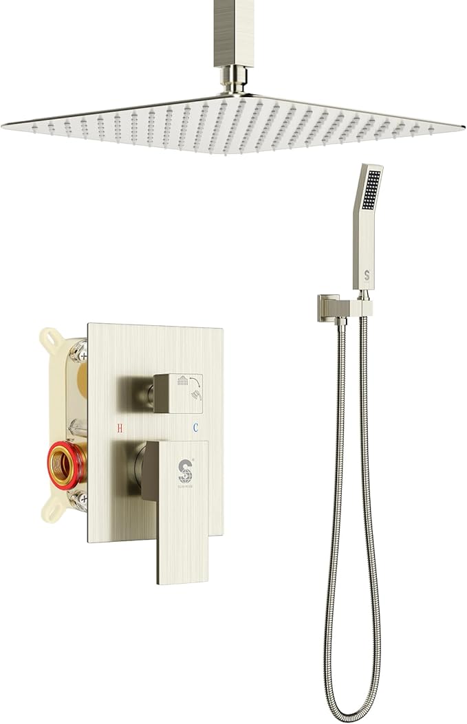 SR SUN RISE 12 Inch Ceiling Mount Brushed Nickel Shower System Bathroom Luxury Rain Mixer Shower Combo Set Ceiling Rainfall Shower Head System Faucet Trim Repair Kits with Rough-in Valve and Trim