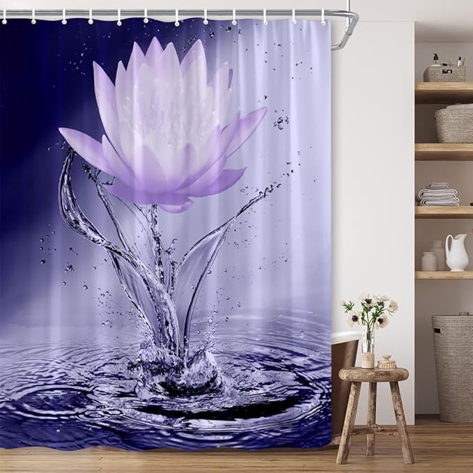 Lotus Shower Curtain Black White Violet Flower Elegant Blooming Floral with Dew Spring Flower Reflection on Water Modern Romantic Polyester Fabric Bathroom Decor 108×70 Inch with Hook