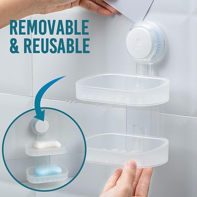 TAILI Double Layer Soap Dish Holder Suction Cup, Strong Sponge Holder for Shower, No Tools Soap Saver for Bathroom, Tub and Kitchen Sink, Shower Accessories, Drill-Free, Removable,Clear