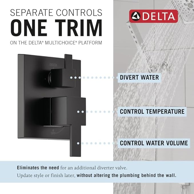 Delta Modern 14 Series Square Rain Shower System Faucet Set, Rainfall Matte Black Shower Head and Handle Set, Valve Trim Kit, 10 Inch, Matte Black 342701-BL