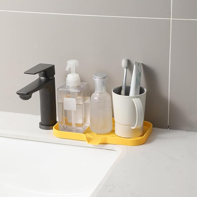 Silicone Bathroom Soap Dishes with Drain Spout-Bathroom and Kitchen Sink Organizer,Sponge Holder,Dish Soap Tray,Perfect for Dispenser,Scrubber,Bottle,Cup on Sink or Counter-Yellow 9.6"×5.3"