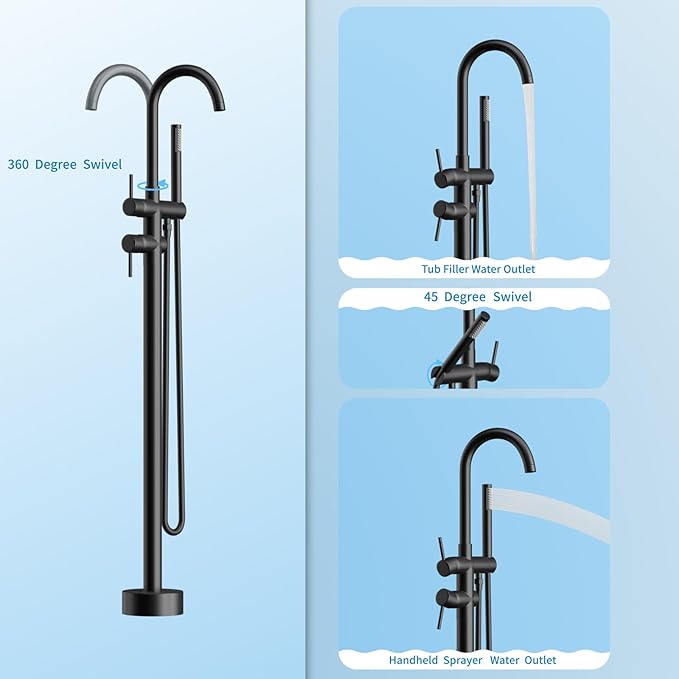 Freestanding Bathtub Faucet,Tub Filler Floor Mount Stand Bathtub Faucet Brass Bathroom Tub Faucets with 2 Function Hand Shower Wand Swivel Matte Black