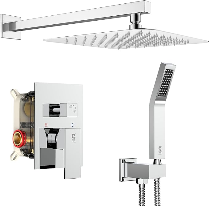 SR SUN RISE SRSH-D1203 12 Inches Bathroom Luxury Rain Mixer Shower Combo Set Wall Mounted Rainfall Shower Head System Polished Chrome Shower Faucet Rough-in Valve Body and Trim Included
